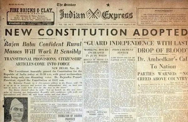 Indian Express Clipping with the lead story of adoption of constitution 