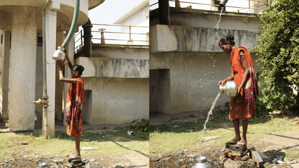 A tribal lady filling water from a leaking tanker
