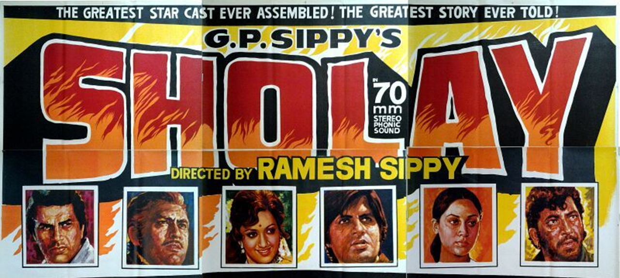 Stunning 6 sheet Sholay, hand painted movie poster