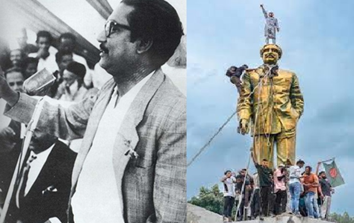 Mujiburrahman (old photo from Wikimedia and his statue being vandalised in 2024) 