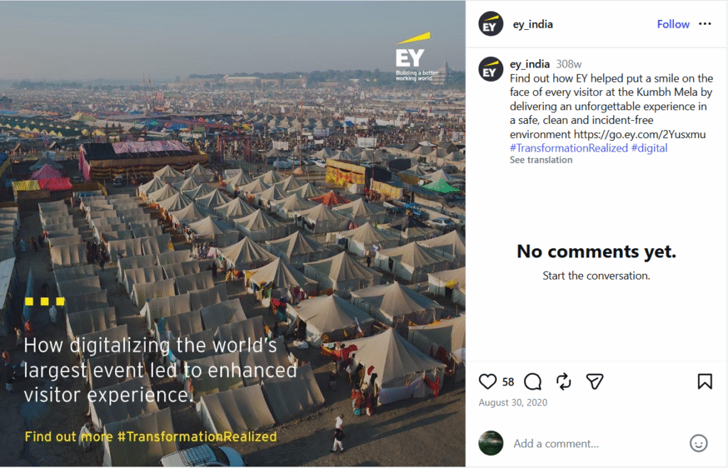 E&Y instagram post that tells about its digitalisation job in Mahakumbh fair, 2025 